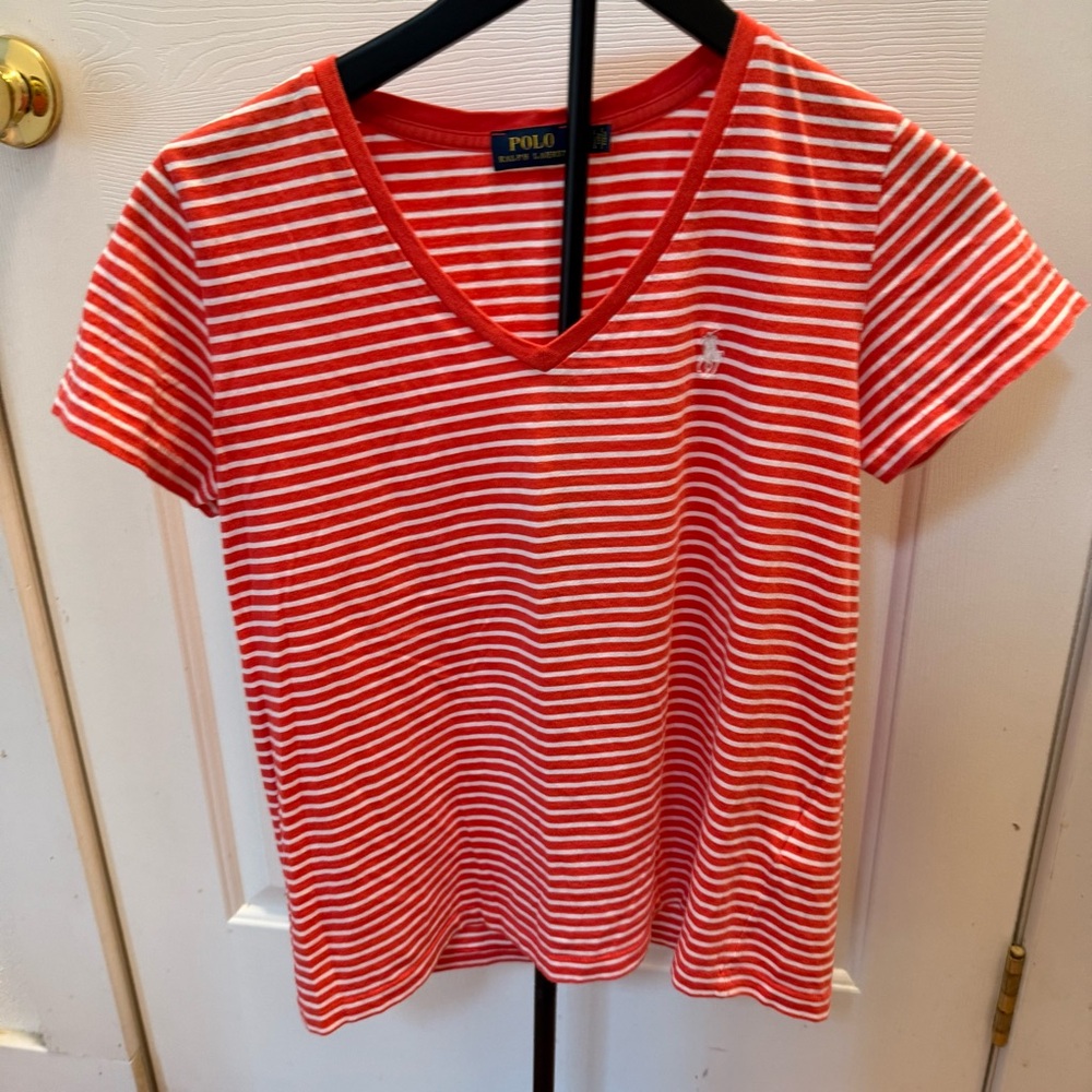 Ralph Lauren Red and White Striped V-Neck‎ Tee medium